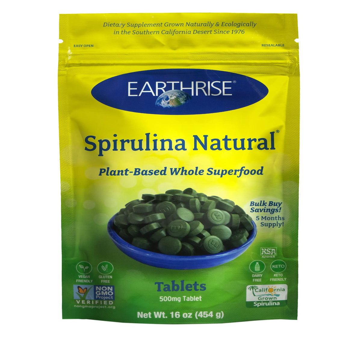 Earthrise envase frontal de spirulina 1 lb mostrando marca y tamaño