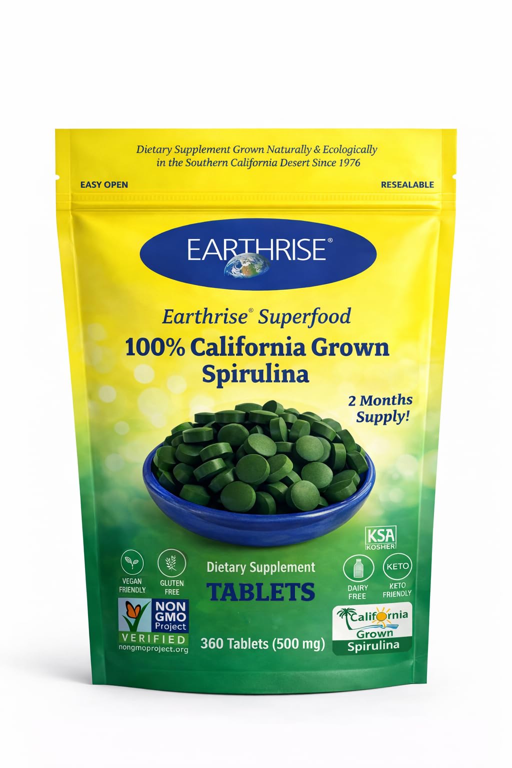 Earthrise empaque frontal mostrando tabletas y beneficios principales
