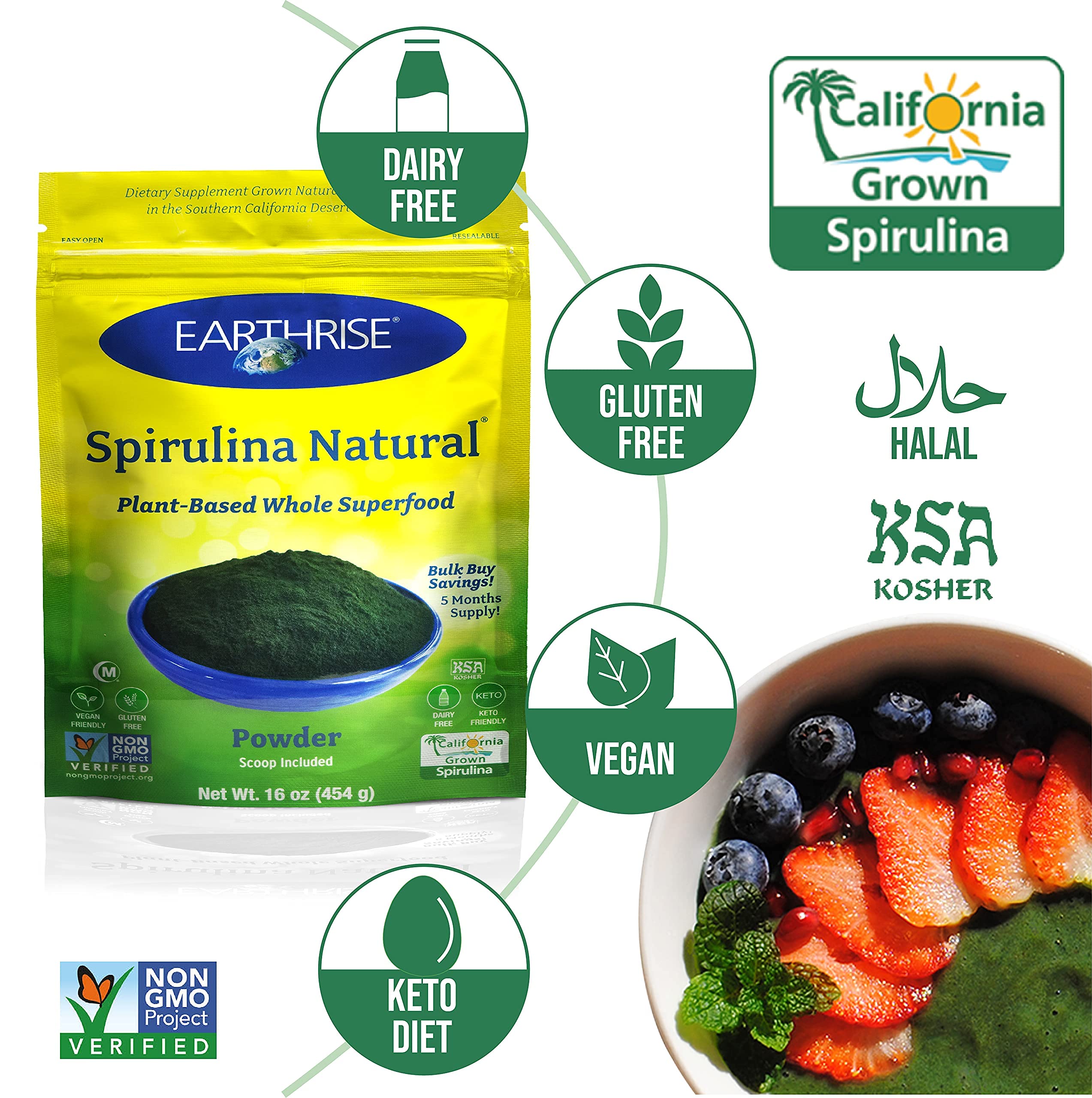 earthrise spirulina cucharita medidora que ilustra la dosificación práctica