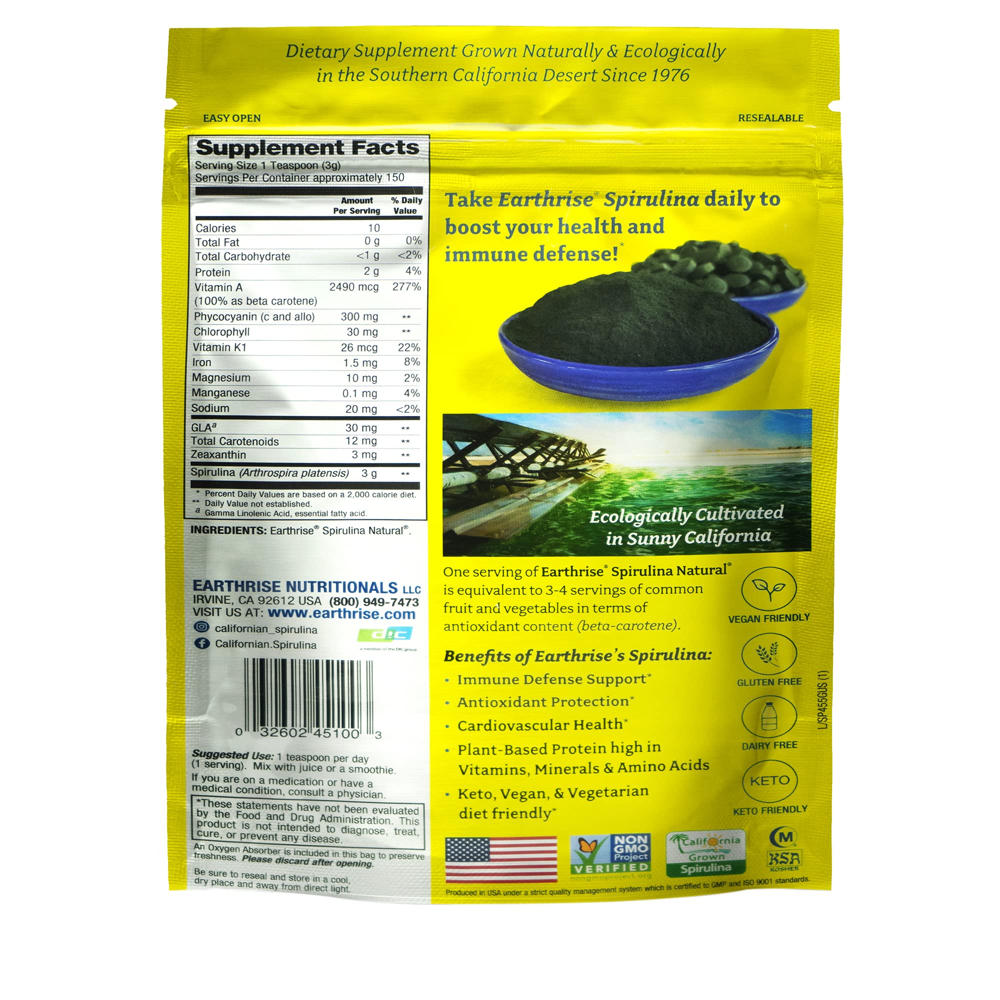 earthrise spirulina textura en polvo fina que facilita mezcla y uso