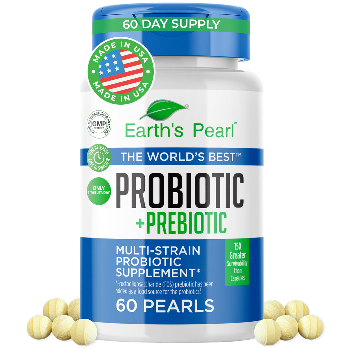 Earth's Pearl vista frontal del empaque mostrando perlas y beneficios visibles