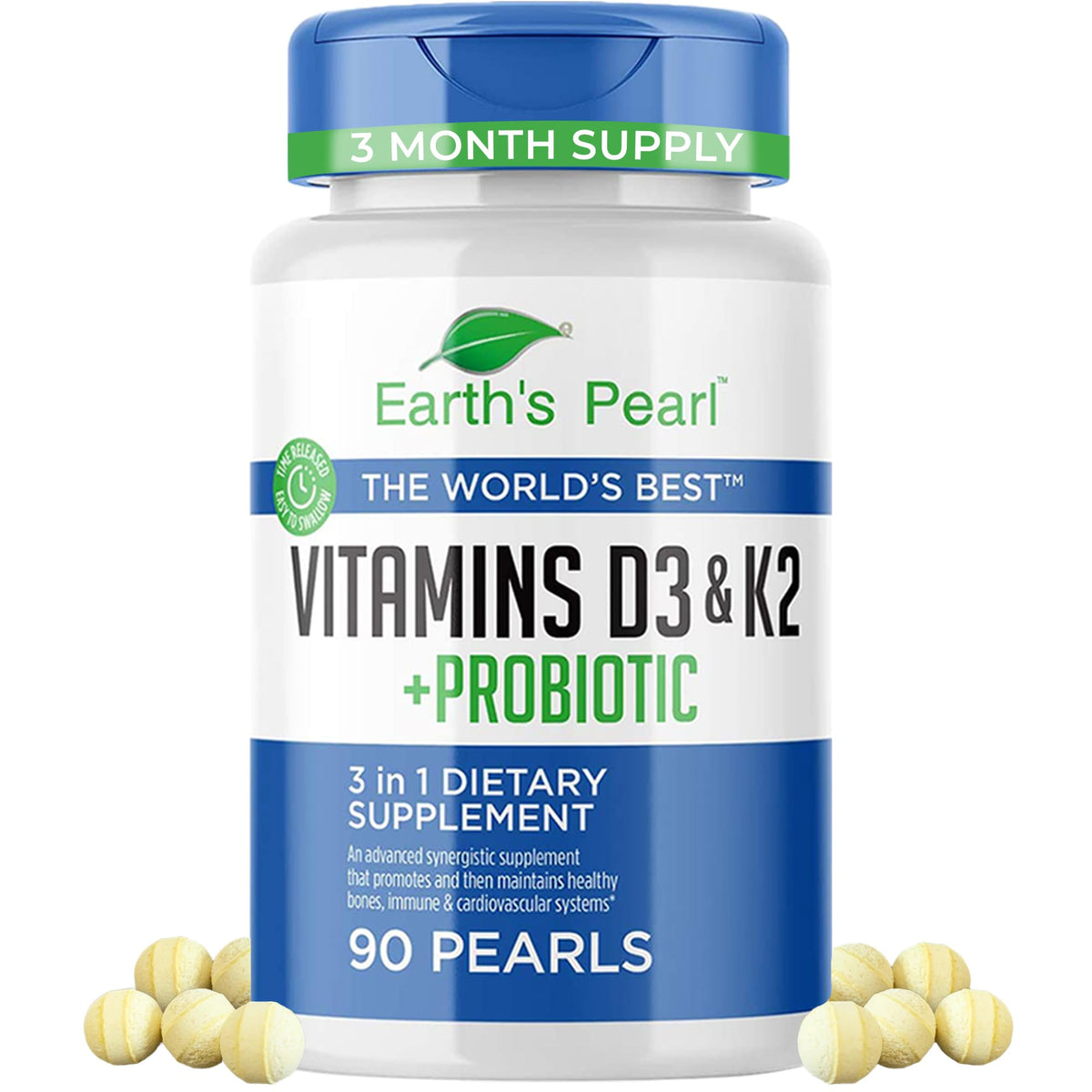 Earth's Pearl frente del empaque mostrando 90 perlas y beneficios claros
