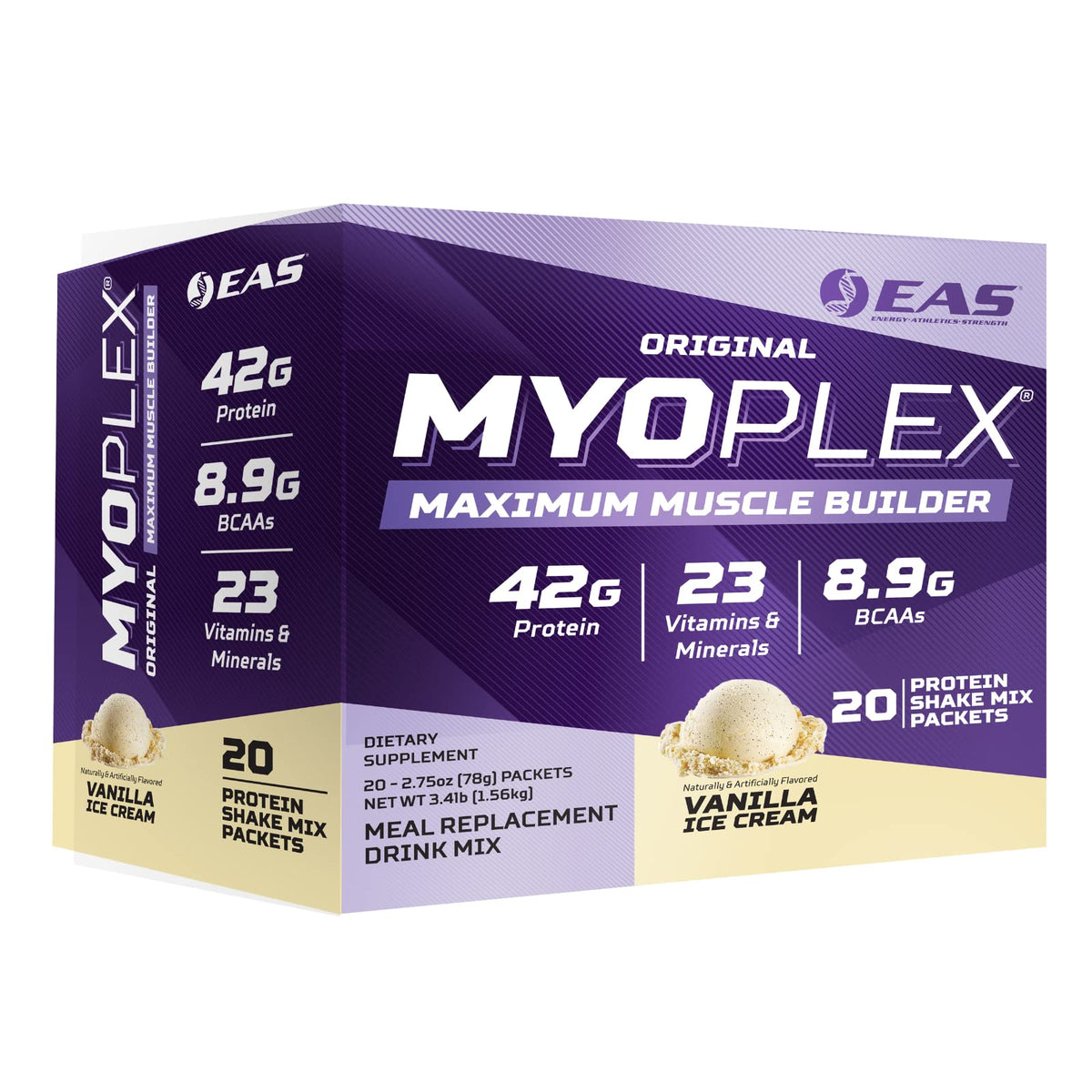 EAS Myoplex frente del empaque mostrando sabor Vainilla Ice Cream y beneficios