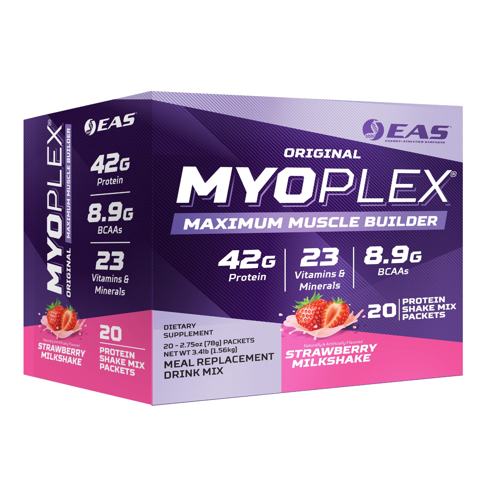 EAS Myoplex frente del empaque mostrando sobres y beneficio de proteína concentrada