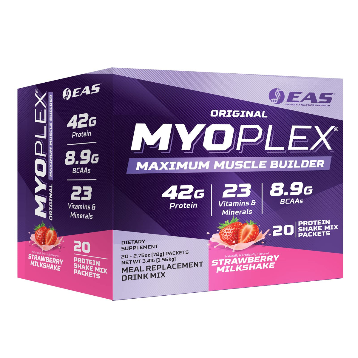 EAS Myoplex frente del empaque mostrando sobres y beneficio de proteína concentrada