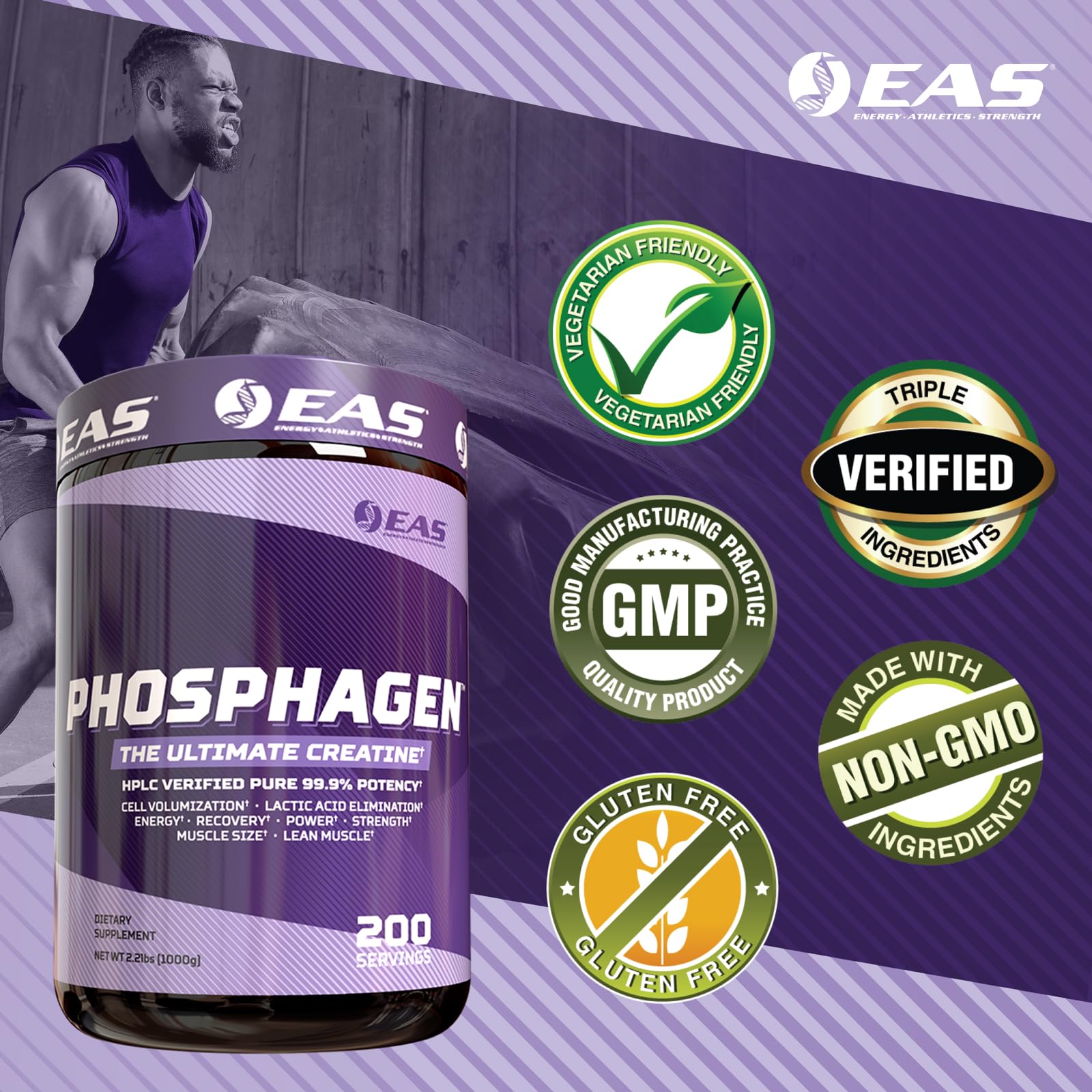 EAS Phosphagen cuchara medidora junto al envase, marca y dosificación clara