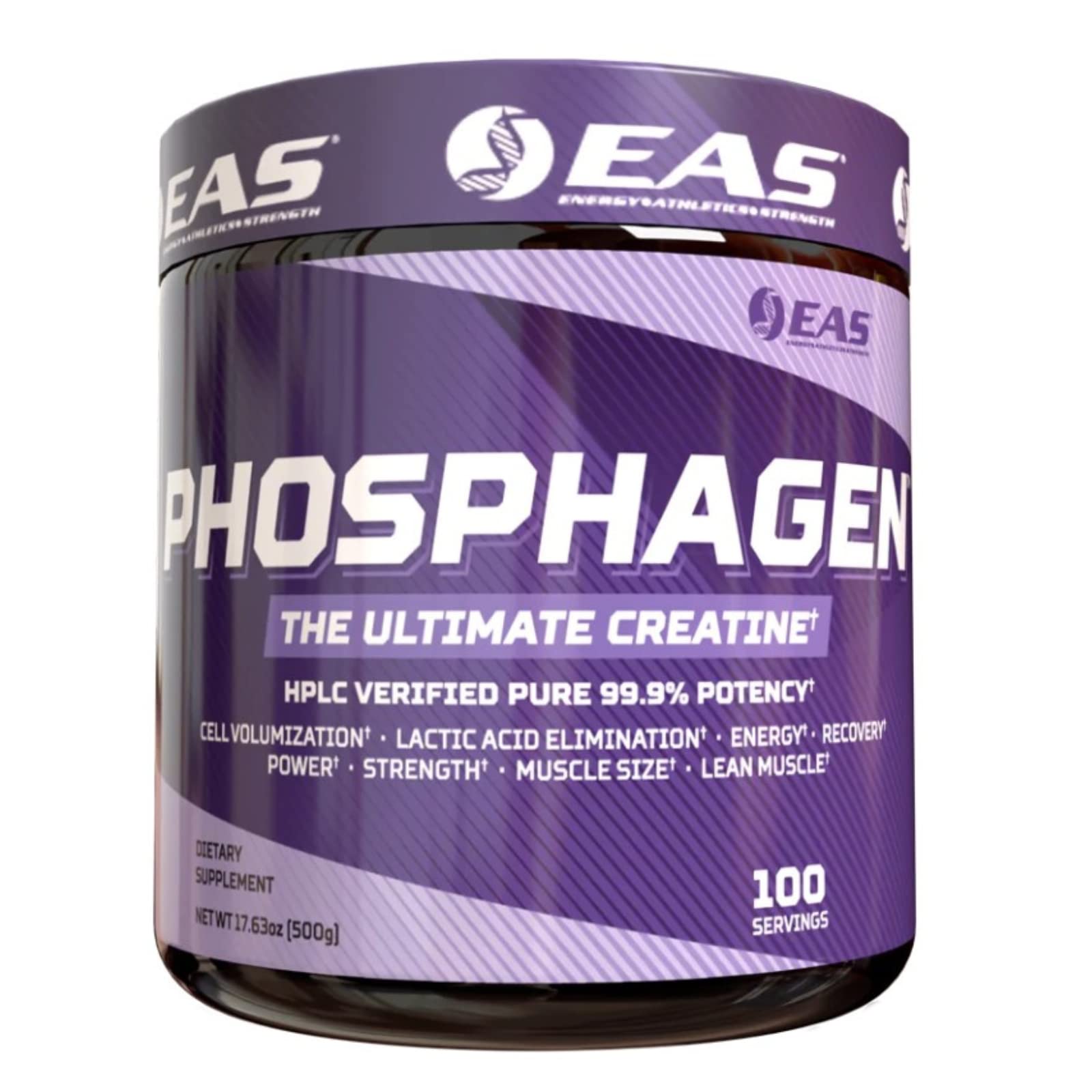 EAS Phosphagen envase frontal mostrando 100 porciones y pureza 99.9%
