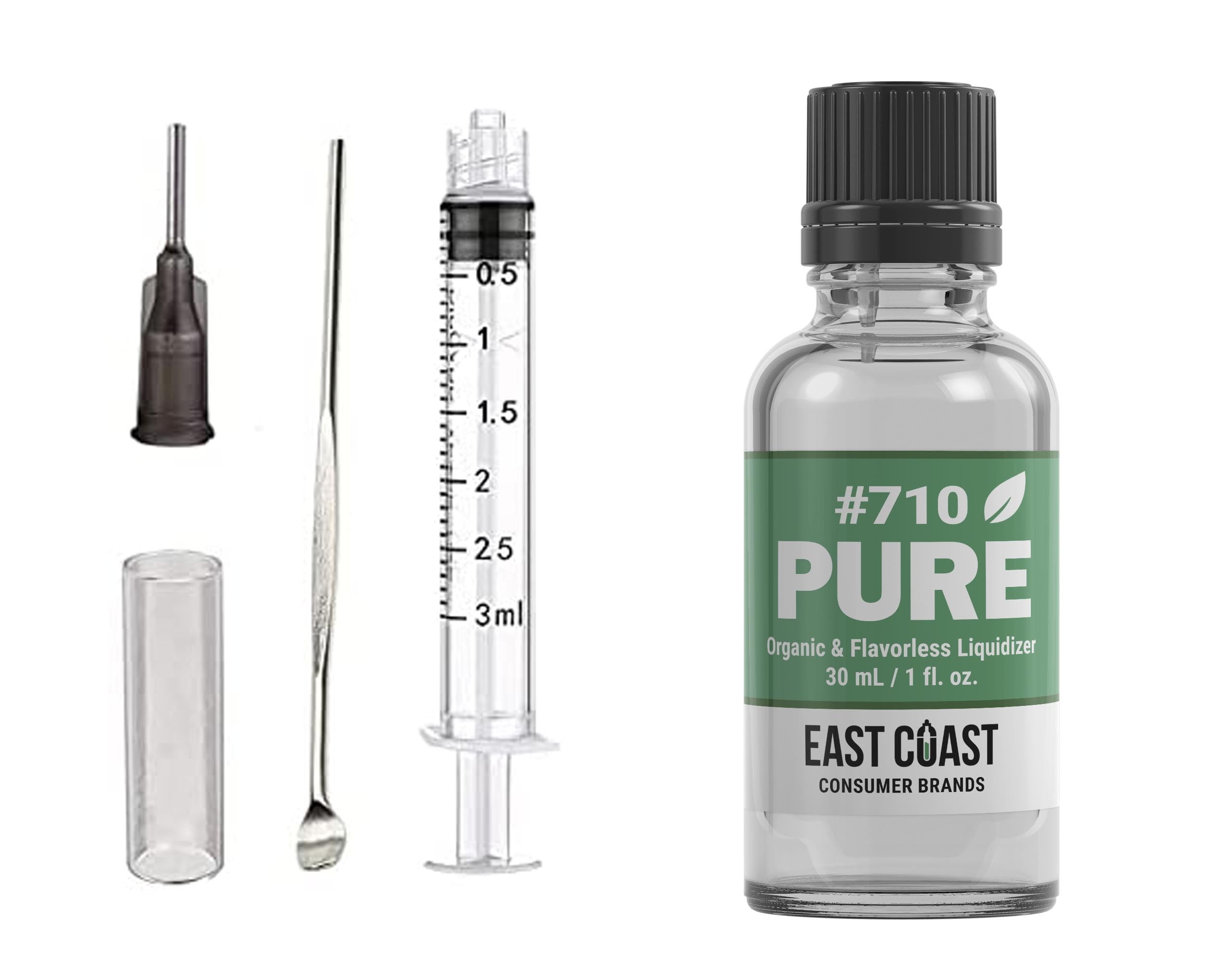 East Coast Terpenes botella y kit frontal mostrando acabado y herramientas para mezcla