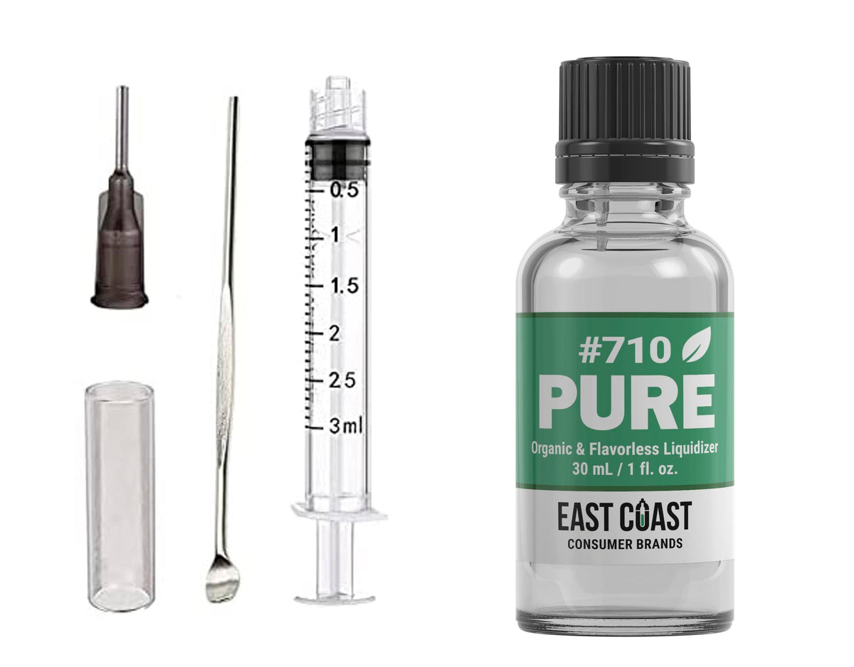 East Coast Terpenes botella y kit frontal mostrando acabado y herramientas para mezcla