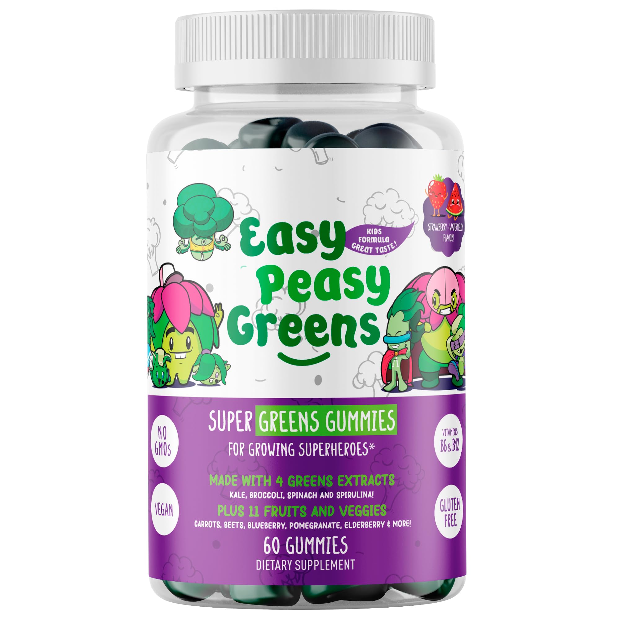 EasyPeasyGreens frasco delantero mostrando etiqueta clara y beneficios