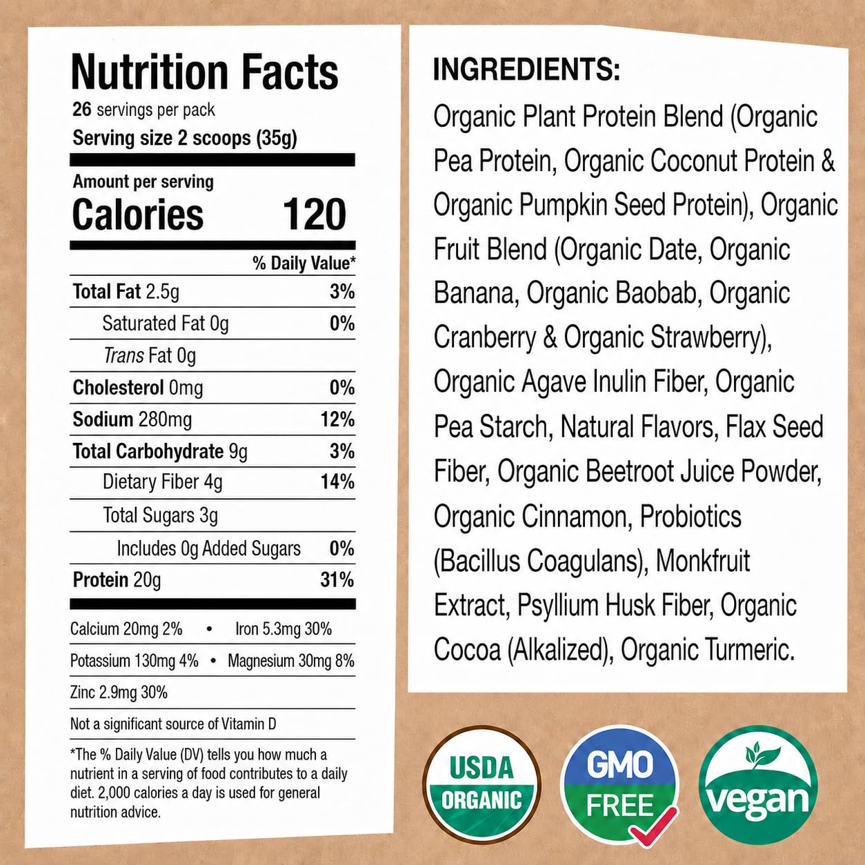 EarthChimp etiqueta con sellos USDA Organic y sin OMG mostrando credenciales limpias