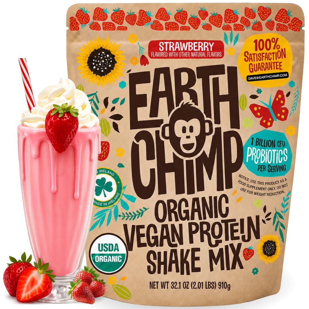 EarthChimp envase frontal sabor fresa mostrando porciones y beneficios orgánicos