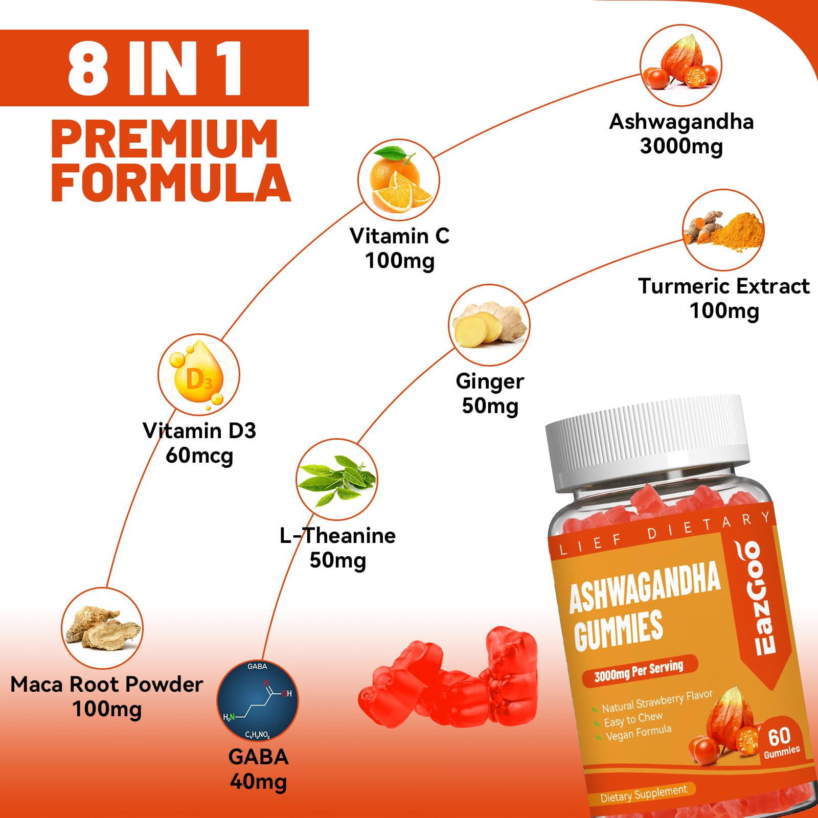 EAZGOO gráfico de ingredientes que resalta 3000 mg ashwagandha y vitaminas