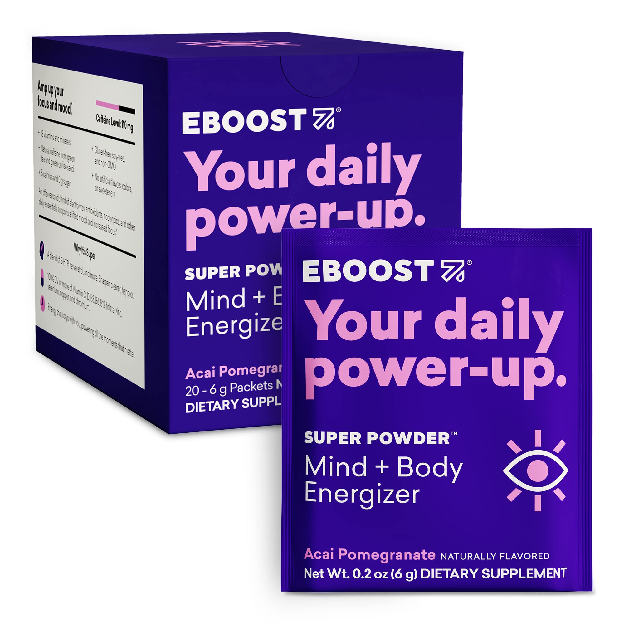 EBOOST frente del empaque mostrando variedad y beneficio energético
