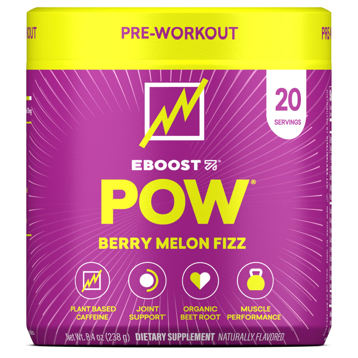 EBOOST envase frontal mostrando 20 servicios y sabor Berry Melon Fizz