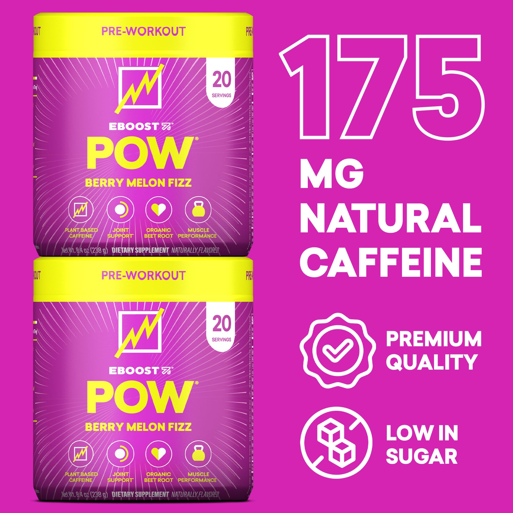 Etiqueta de EBOOST POW mostrando ingredientes clave y beneficios funcionales