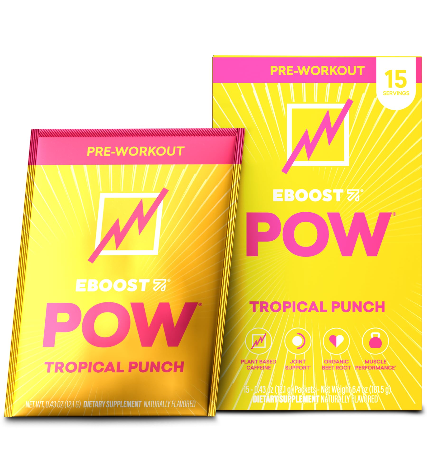 EBOOST POW frente del empaque mostrando 15 sobres y sabor Tropical Punch, conveniencia portátil