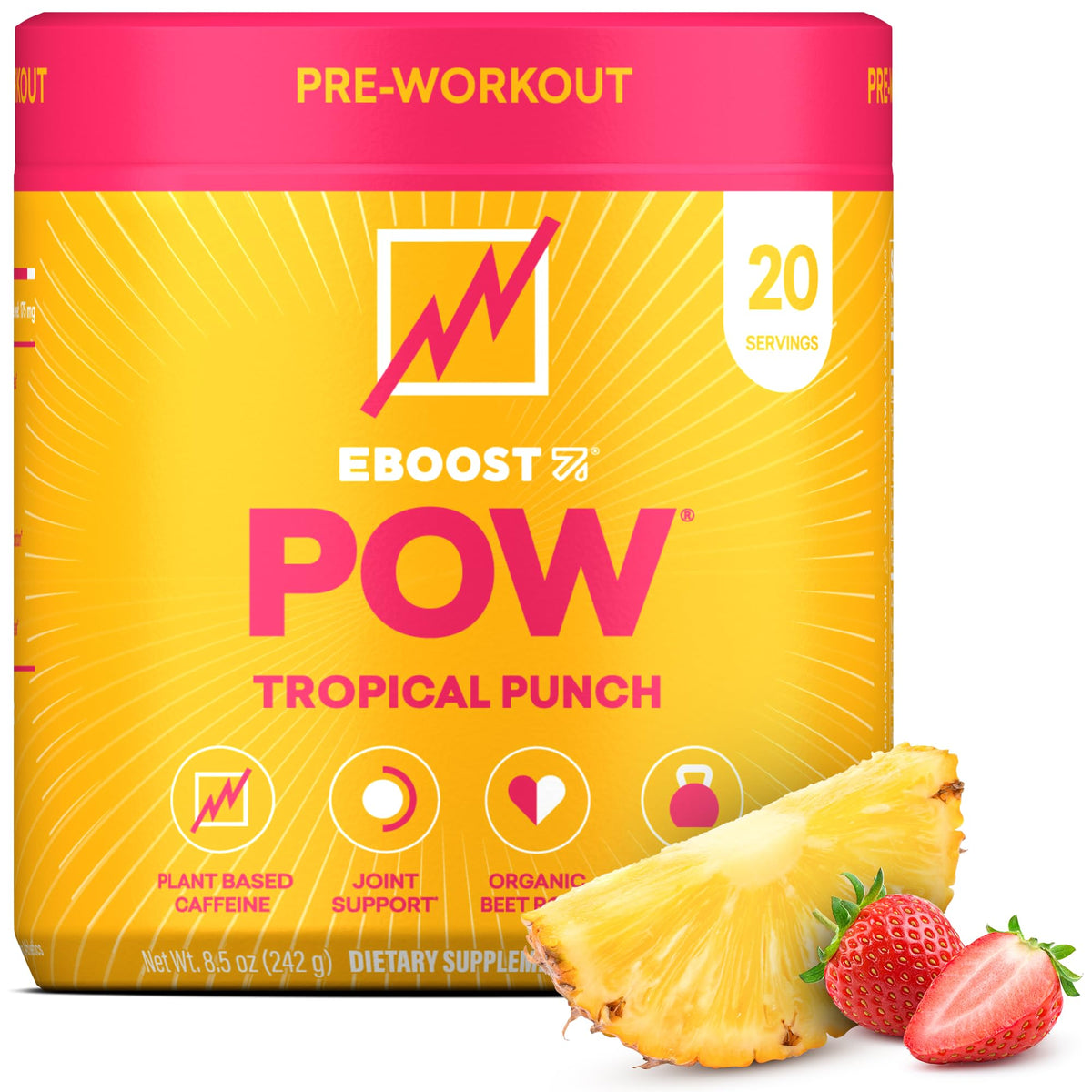 EBOOST envase frontal Tropical Punch mostrando diseño y beneficios