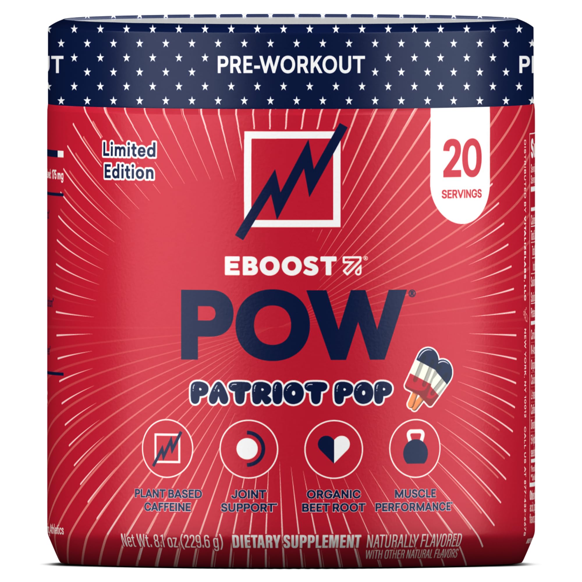 EBOOST POW frente del envase mostrando sabor Patriot Pop y facilidad de uso