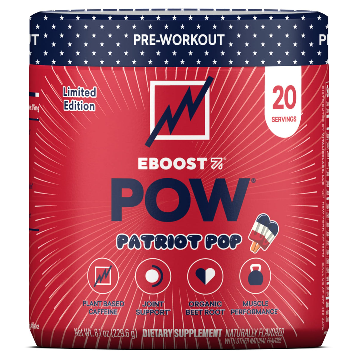 EBOOST POW frente del envase mostrando sabor Patriot Pop y facilidad de uso
