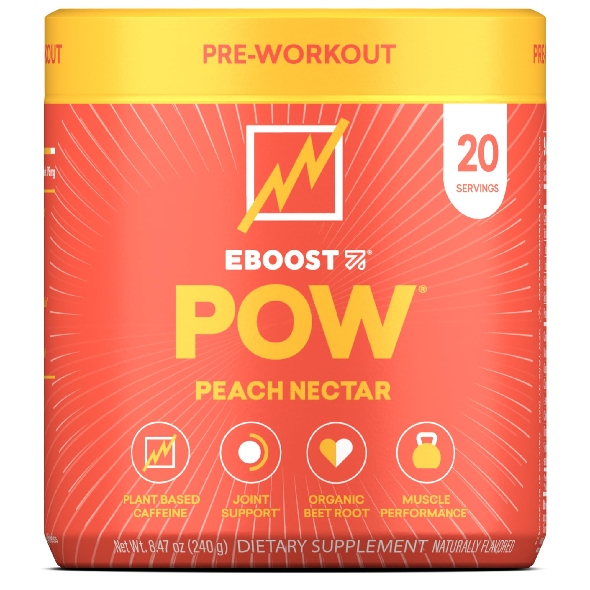 EBOOST envase frente mostrando 20 porciones y sabor durazno, claro beneficio práctico