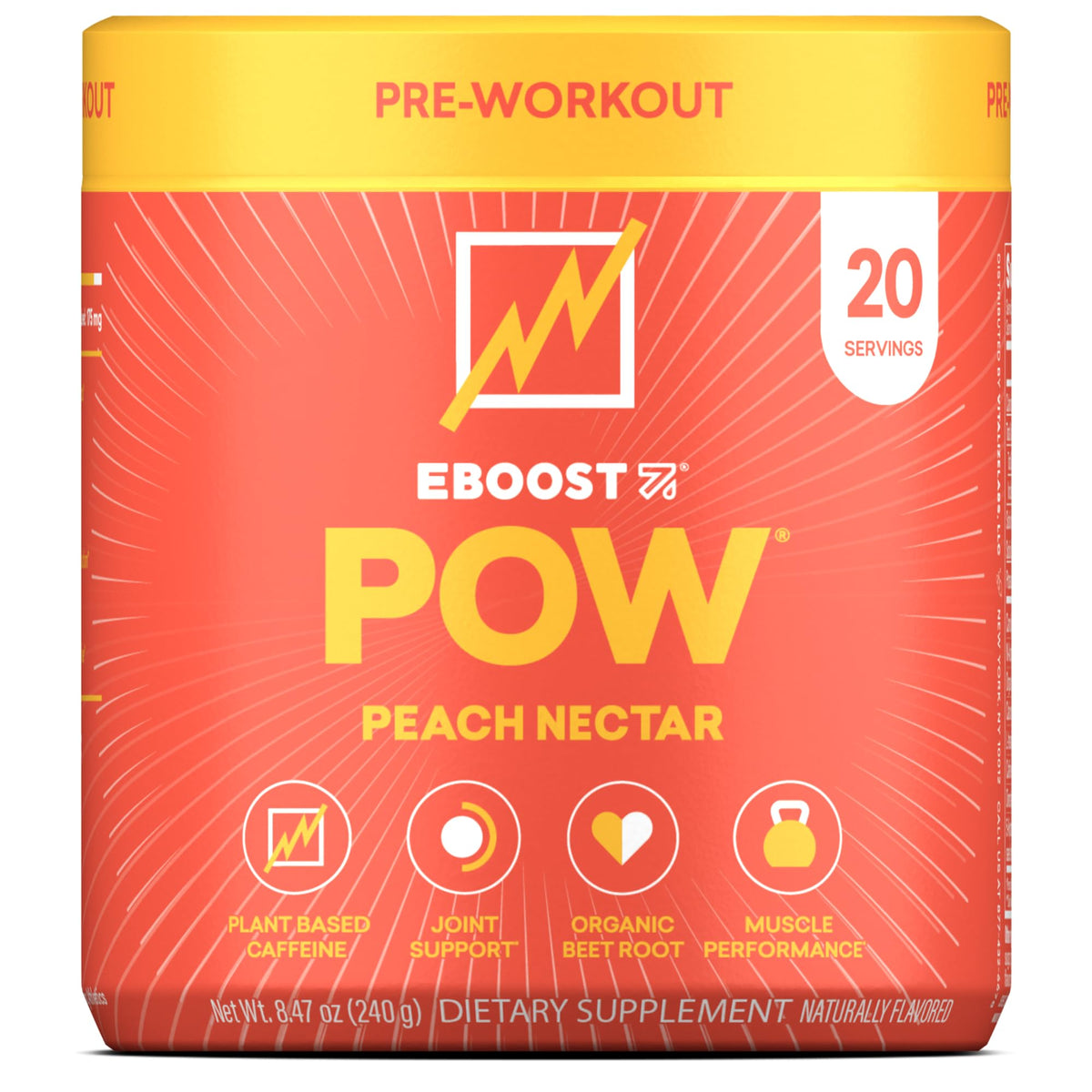 EBOOST envase frente mostrando 20 porciones y sabor durazno, claro beneficio práctico