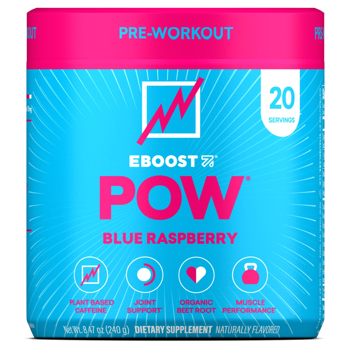EBOOST POW vista frontal del envase mostrando sabor y beneficios