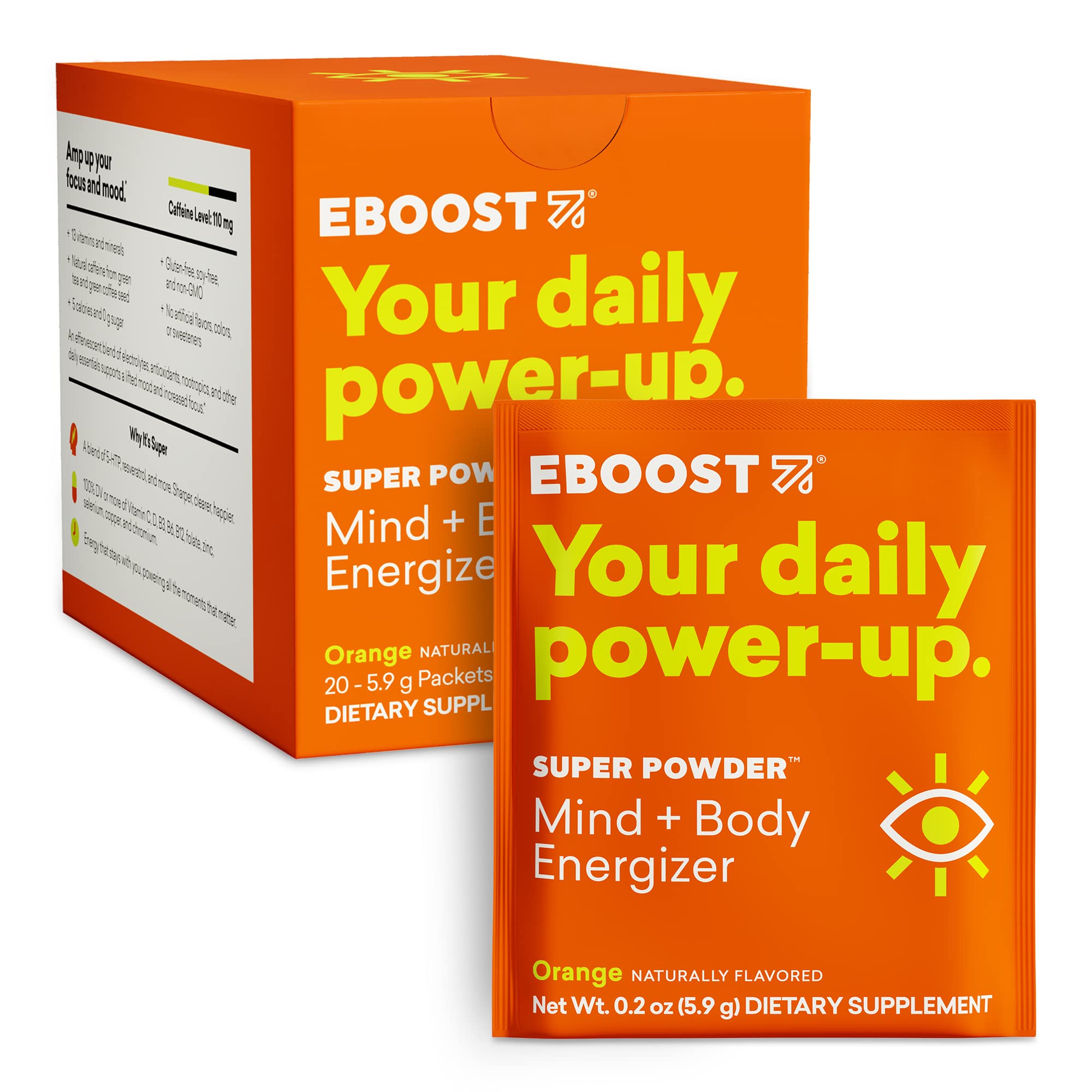 EBOOST frente del paquete mostrando sobres y beneficio energizante