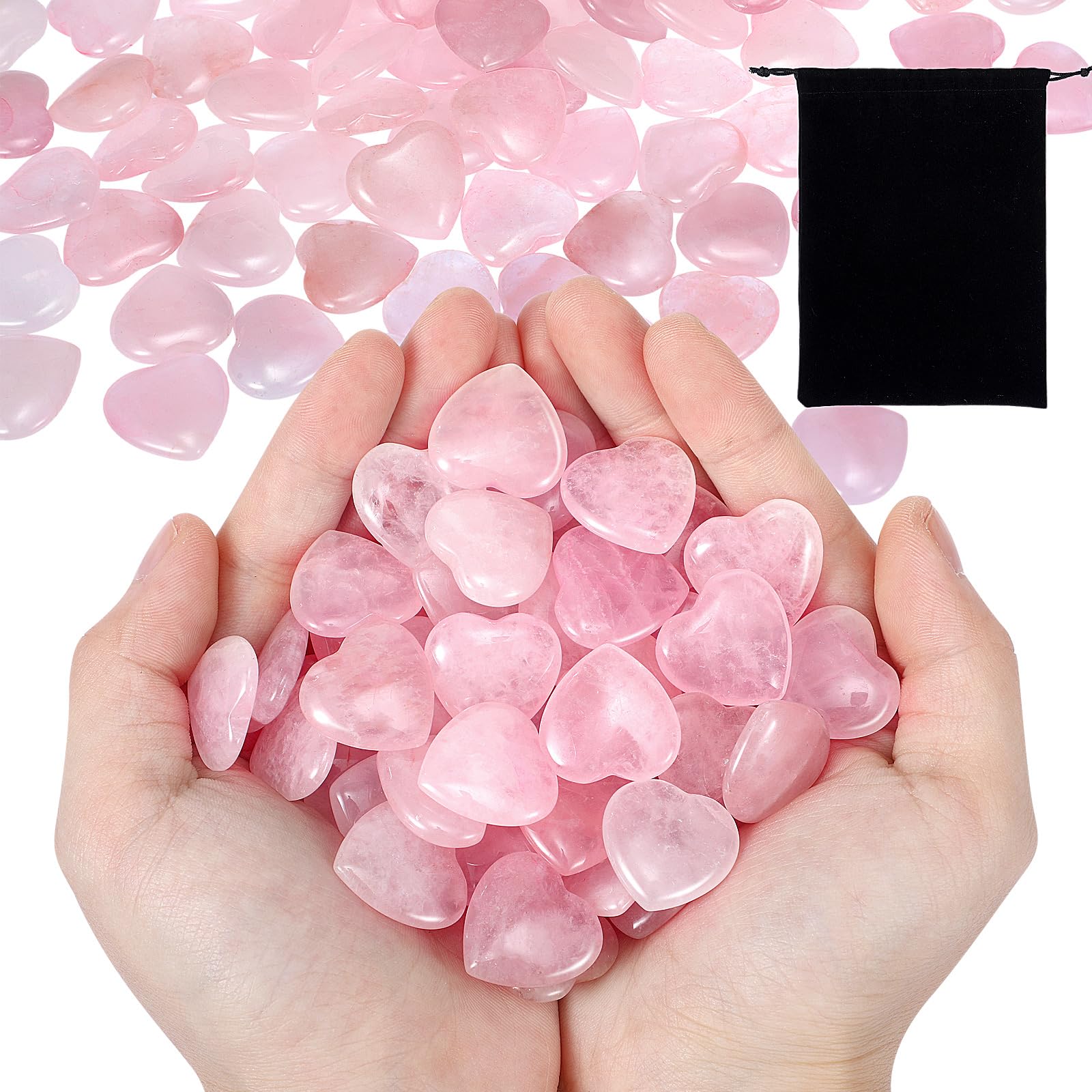 Ecation bolsa de franela negra con 120 corazones de cuarzo rosa para almacenamiento seguro
