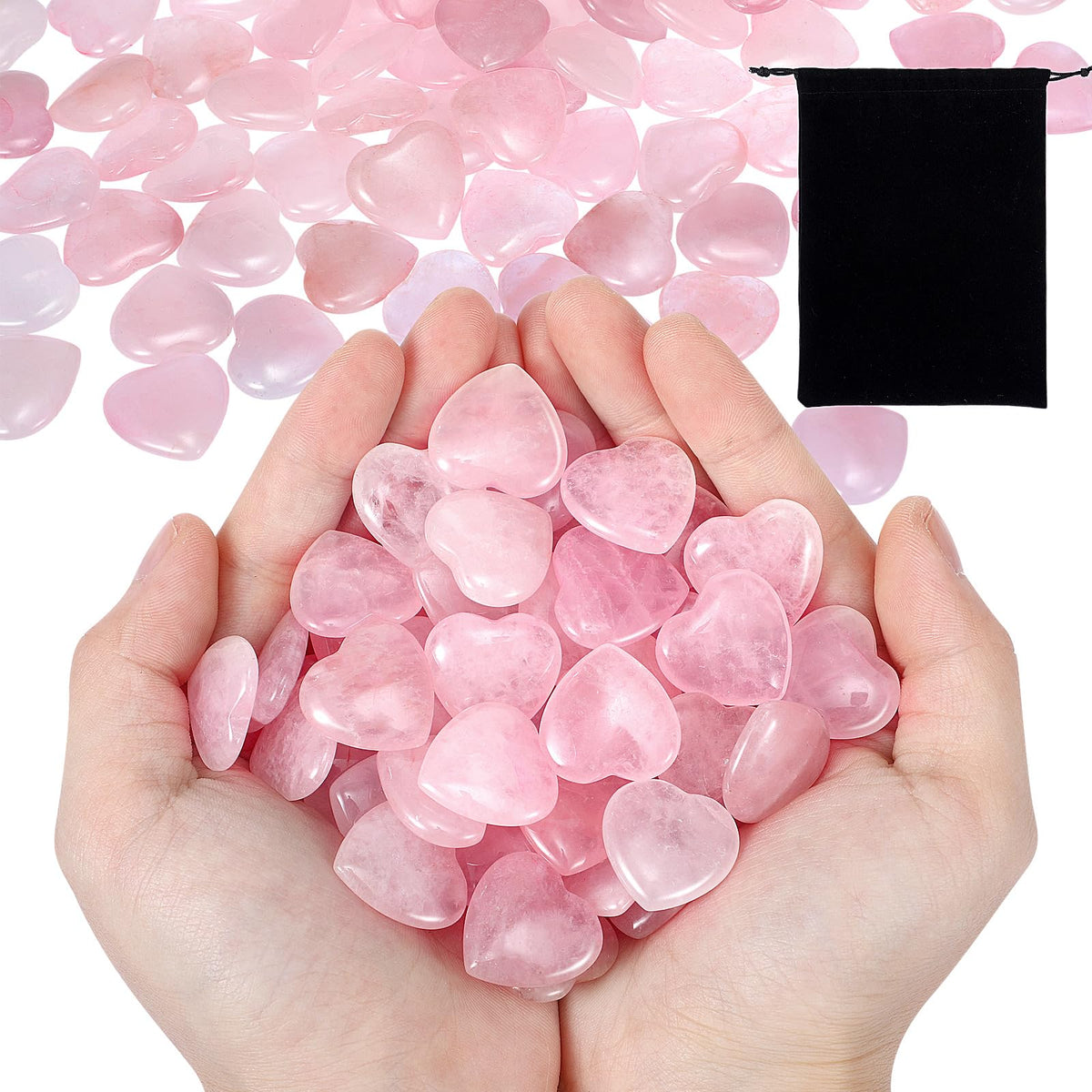 Ecation bolsa de franela negra con 120 corazones de cuarzo rosa para almacenamiento seguro