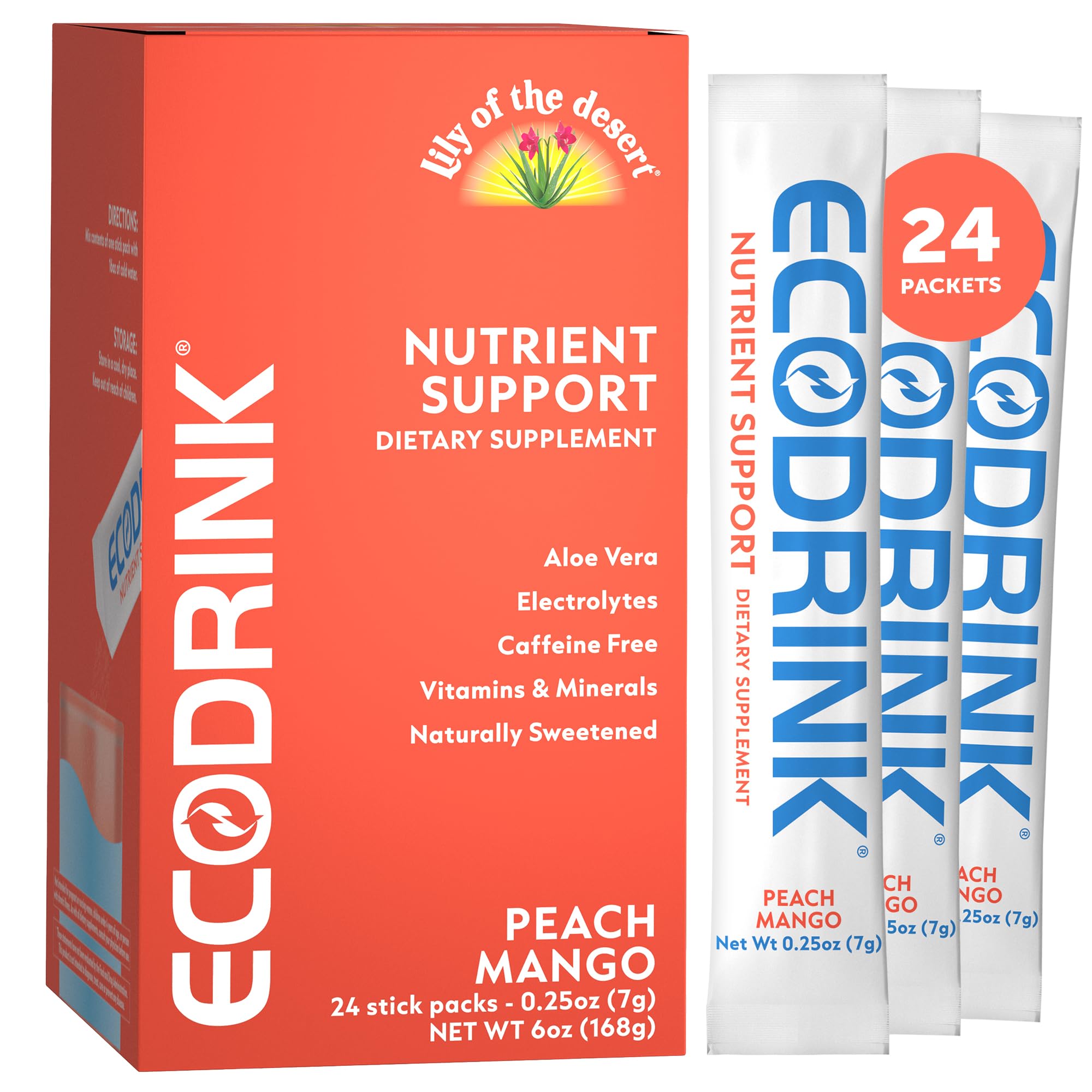 Eco Drink frente del empaque mostrando 24 sobres y conveniencia