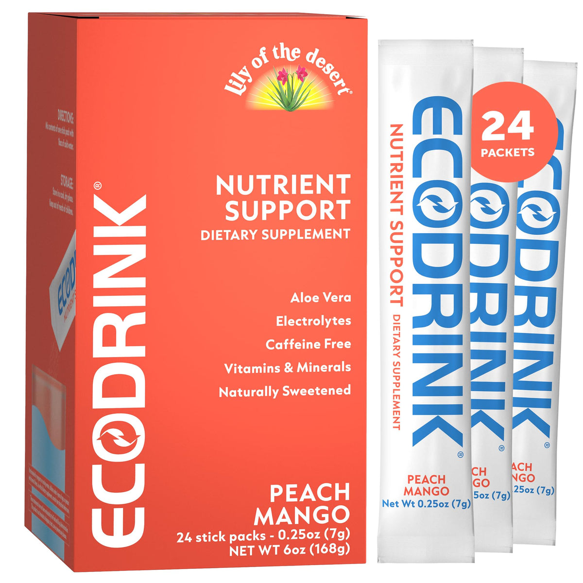 Eco Drink frente del empaque mostrando 24 sobres y conveniencia