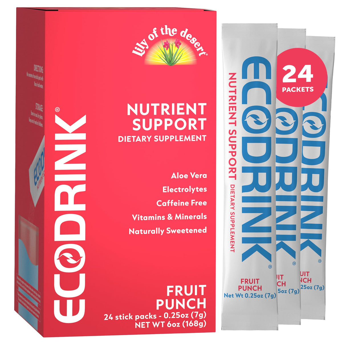 Eco Drink envase frontal mostrando sobres y beneficio de conveniencia