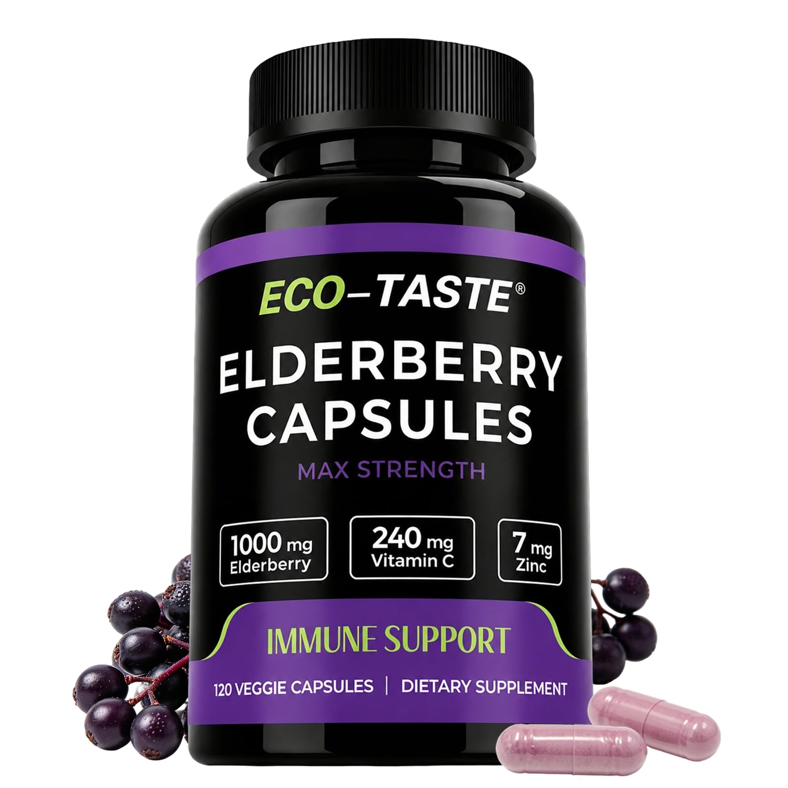 ECO-TASTE frasco delantero mostrando 120 cápsulas veganas y diseño de etiqueta claro