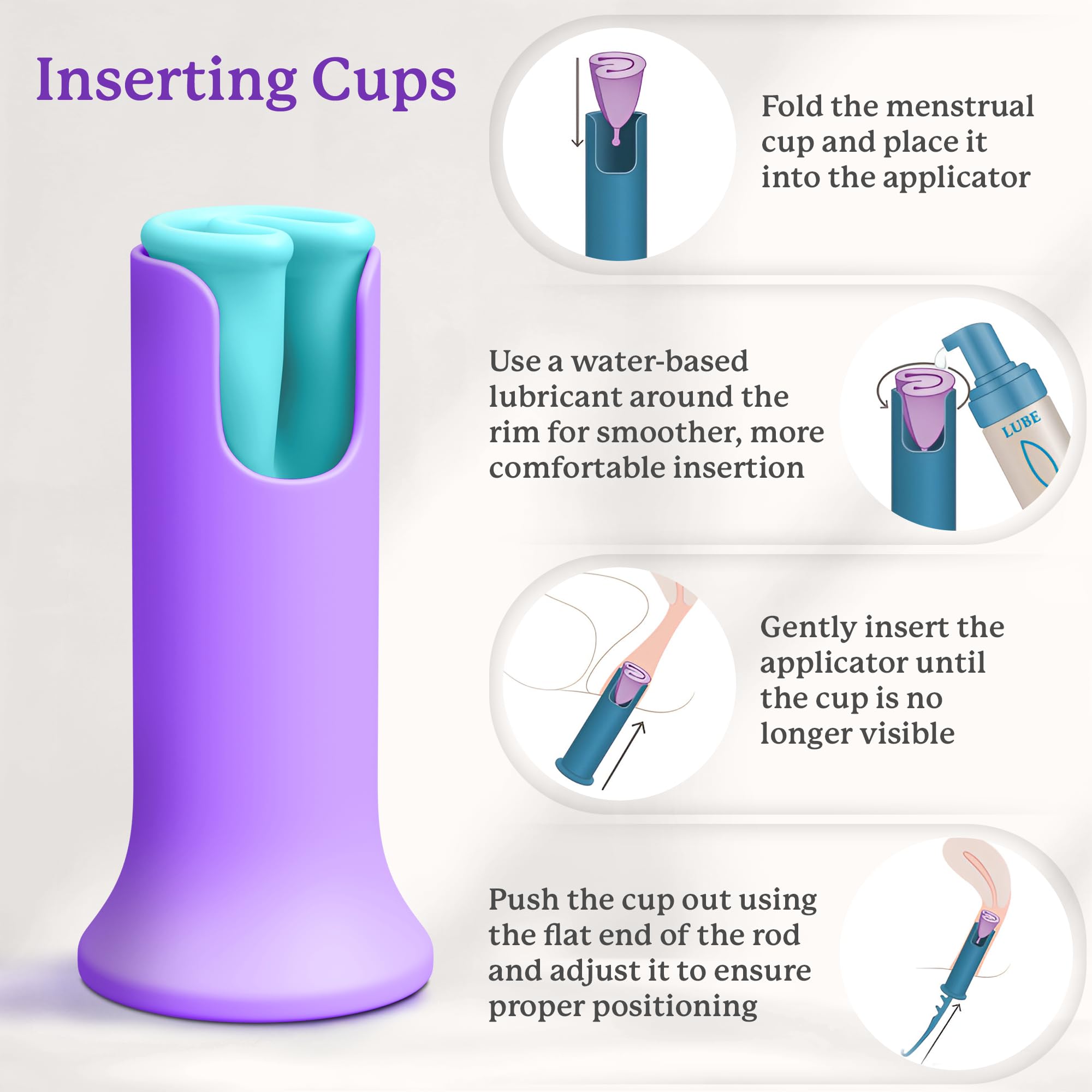 EcoBlossom aplicador en uso guiando la colocación de una copa menstrual