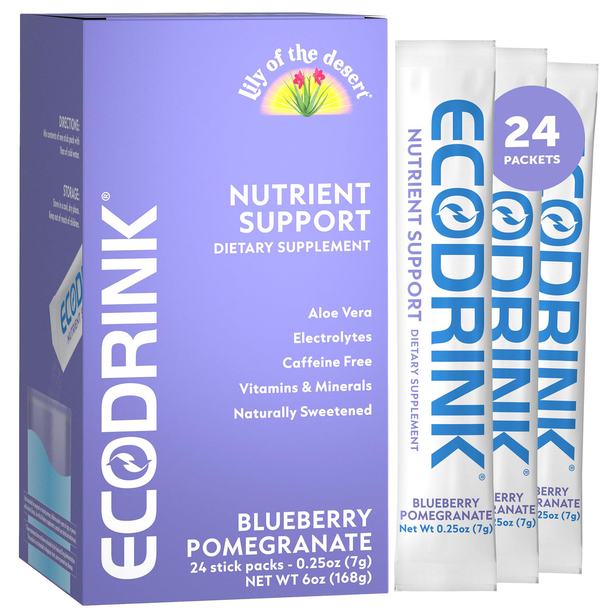 EcoDrink Lily of The Desert frontal del empaque mostrando 24 sobres y beneficios