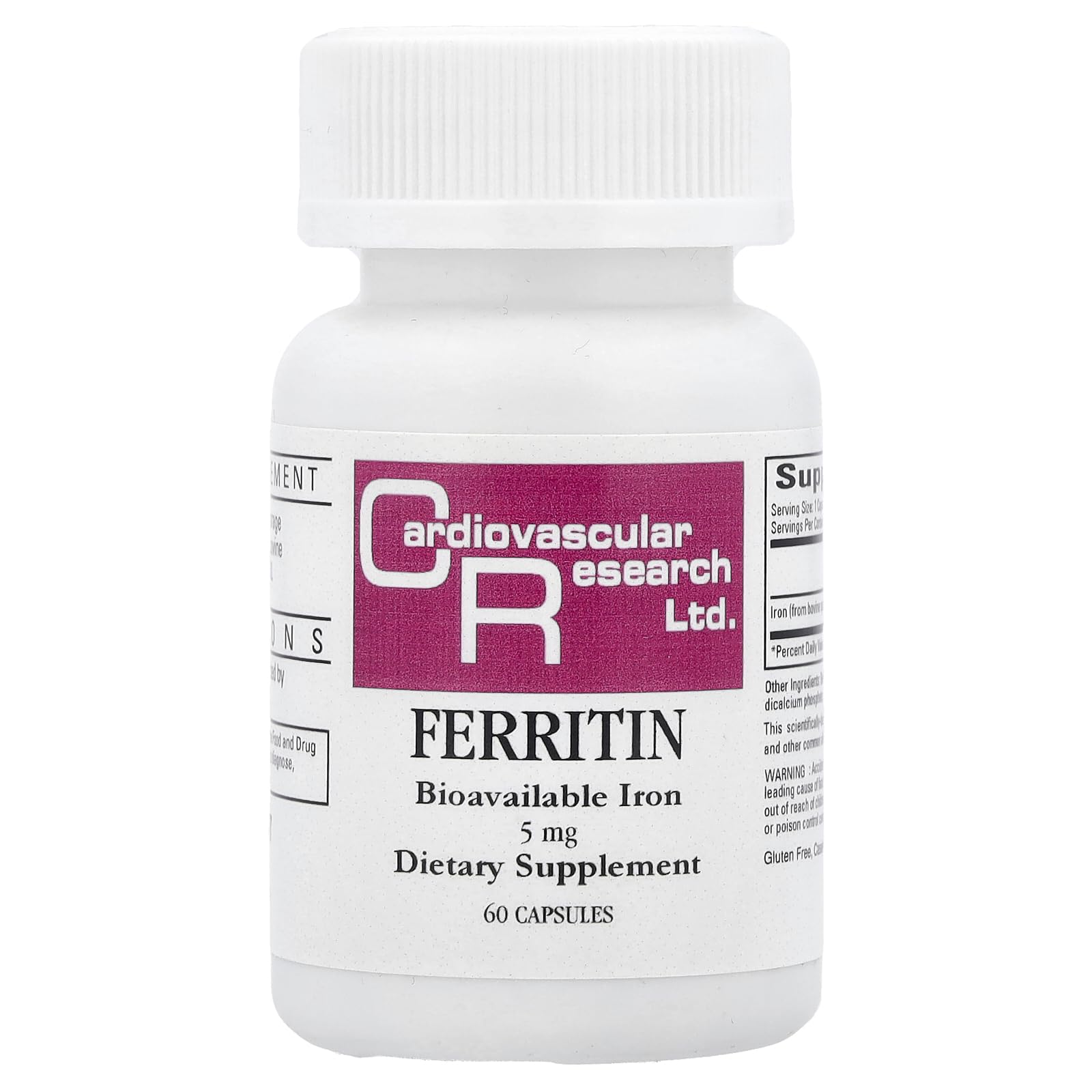 Ecological Formulas frasco frontal de Ferritin 60 cápsulas con etiqueta clara y sin alérgenos