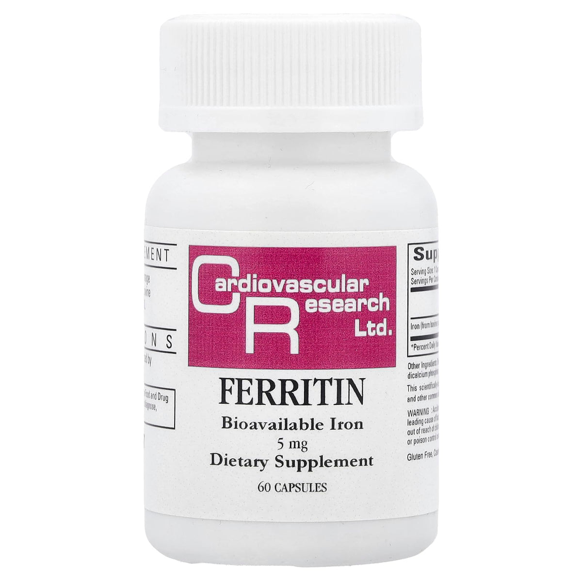 Ecological Formulas frasco frontal de Ferritin 60 cápsulas con etiqueta clara y sin alérgenos