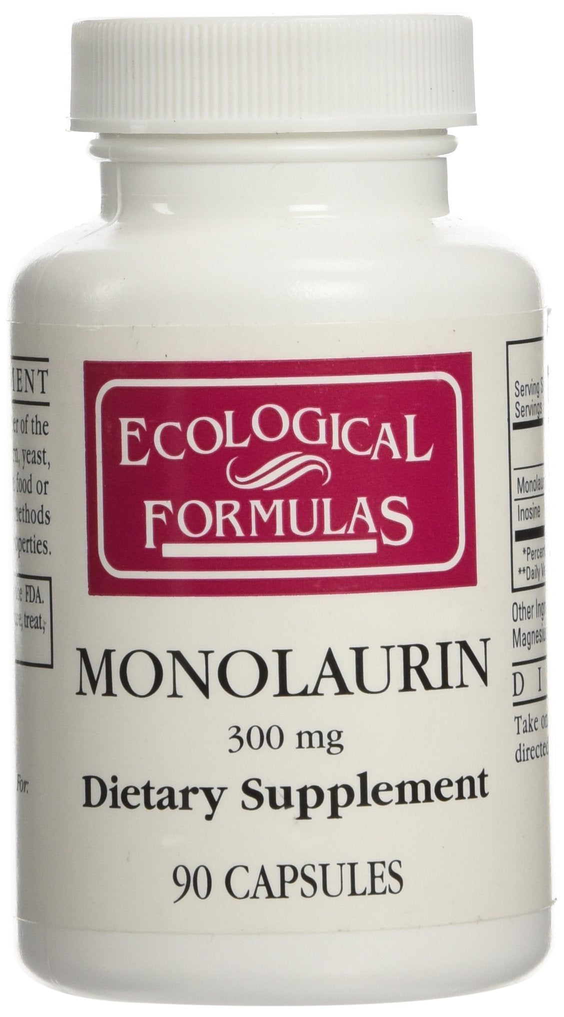 Ecological Formulas frasco delantero de Monolaurin 90 cápsulas, envase claro y dosificación visible