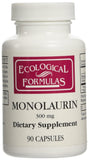 Ecological Formulas frasco delantero de Monolaurin 90 cápsulas, envase claro y dosificación visible