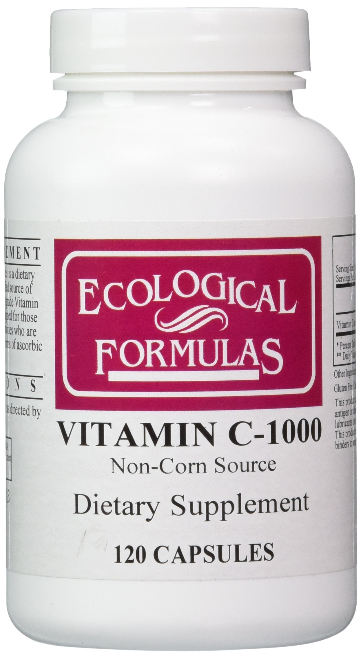 Ecological Formulas frasco frontal de Vitamin C-1000 120 cápsulas, práctico y compacto