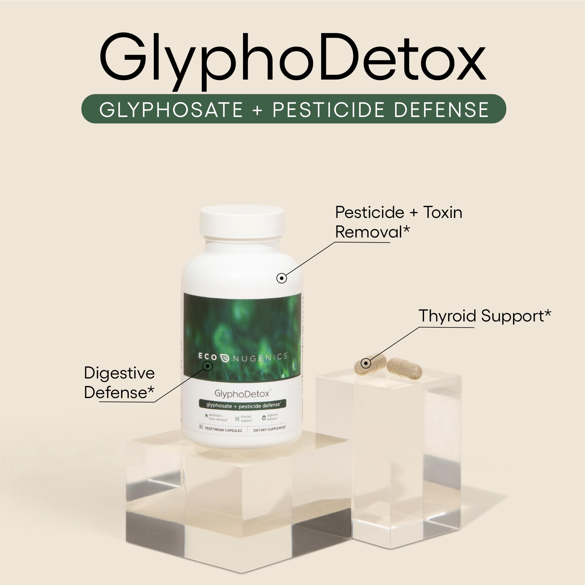 EcoNugenics GlyphoDetox cápsulas a detalle, textura y tamaño para dosificación fácil