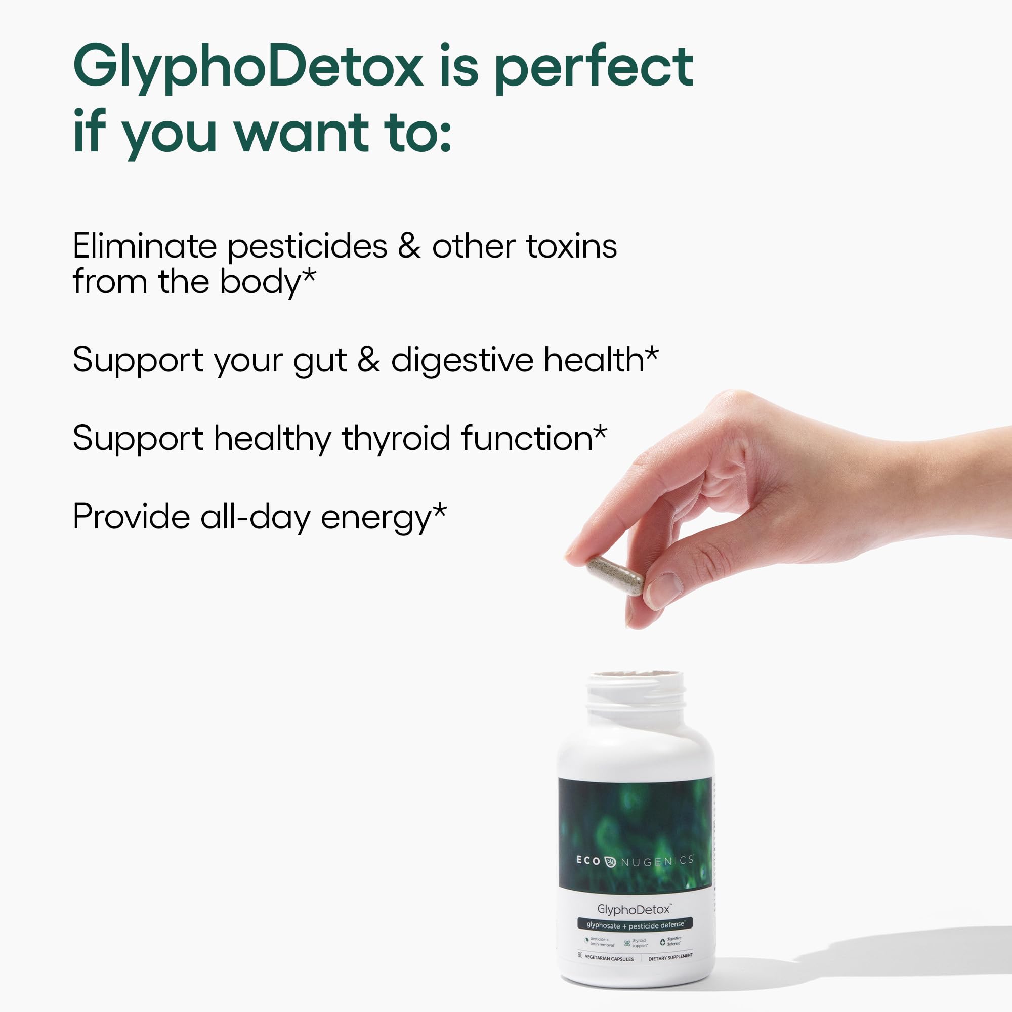 EcoNugenics GlyphoDetox en cocina junto a alimentos, apoyo a la salud diaria