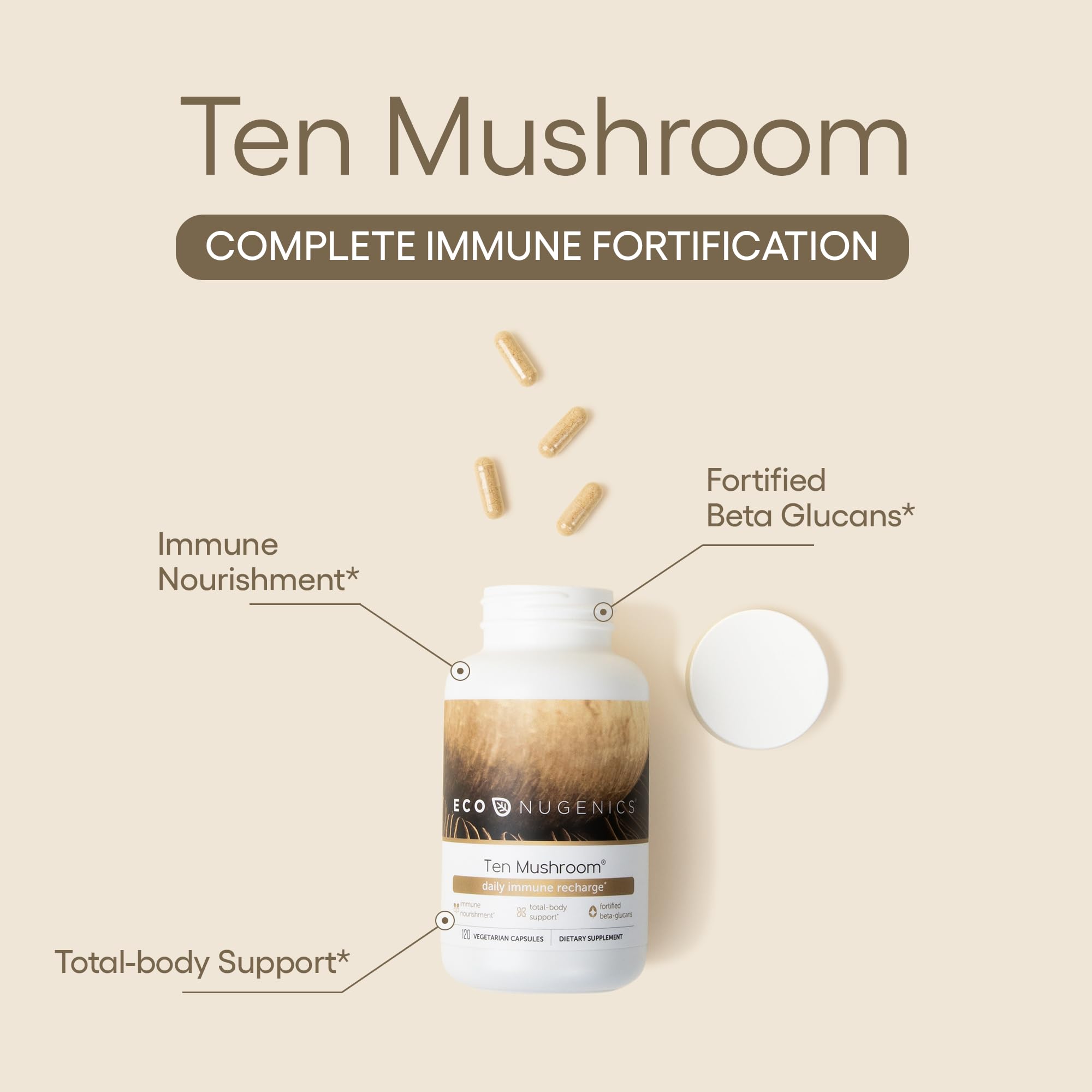 EcoNugenics cápsulas Ten Mushroom detalle de cápsulas veganas beneficios