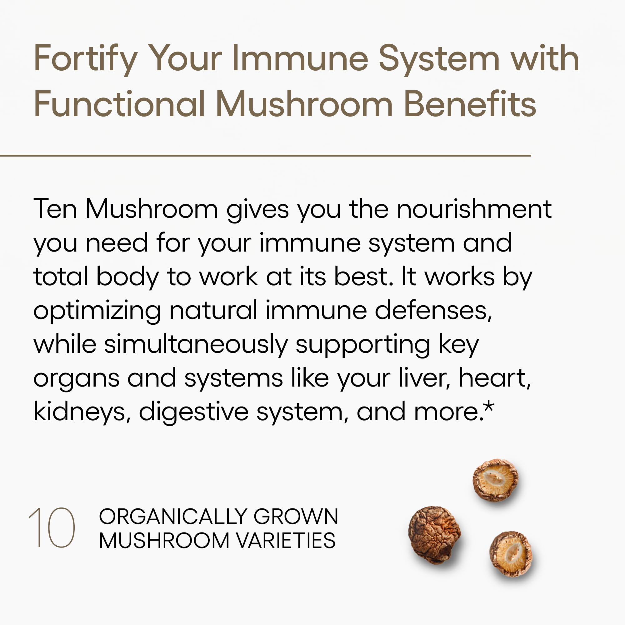EcoNugenics Ten Mushroom etiqueta con lista de diez micelios y beta-glucanos
