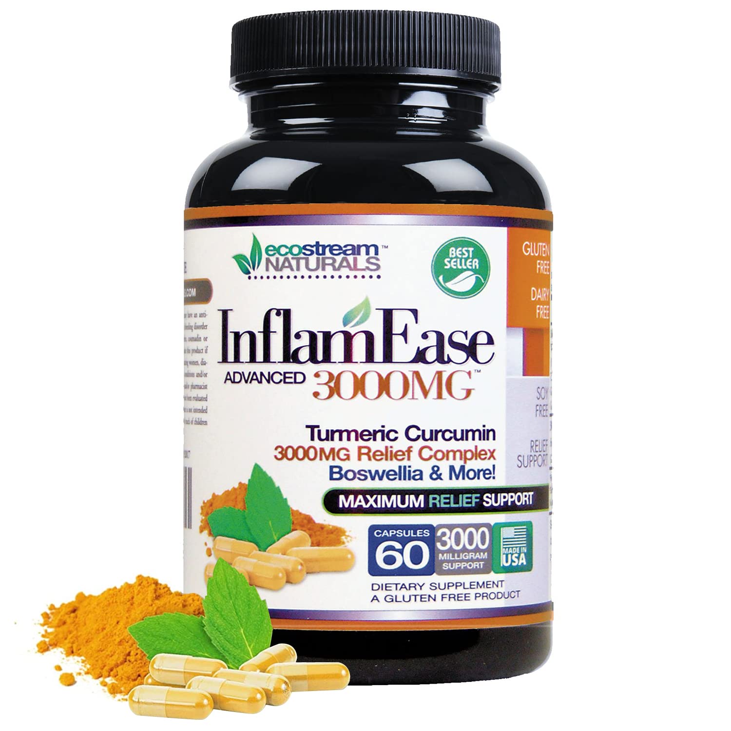 ecostream Naturals frasco InflamEase frente mostrando el tamaño y la etiqueta clara