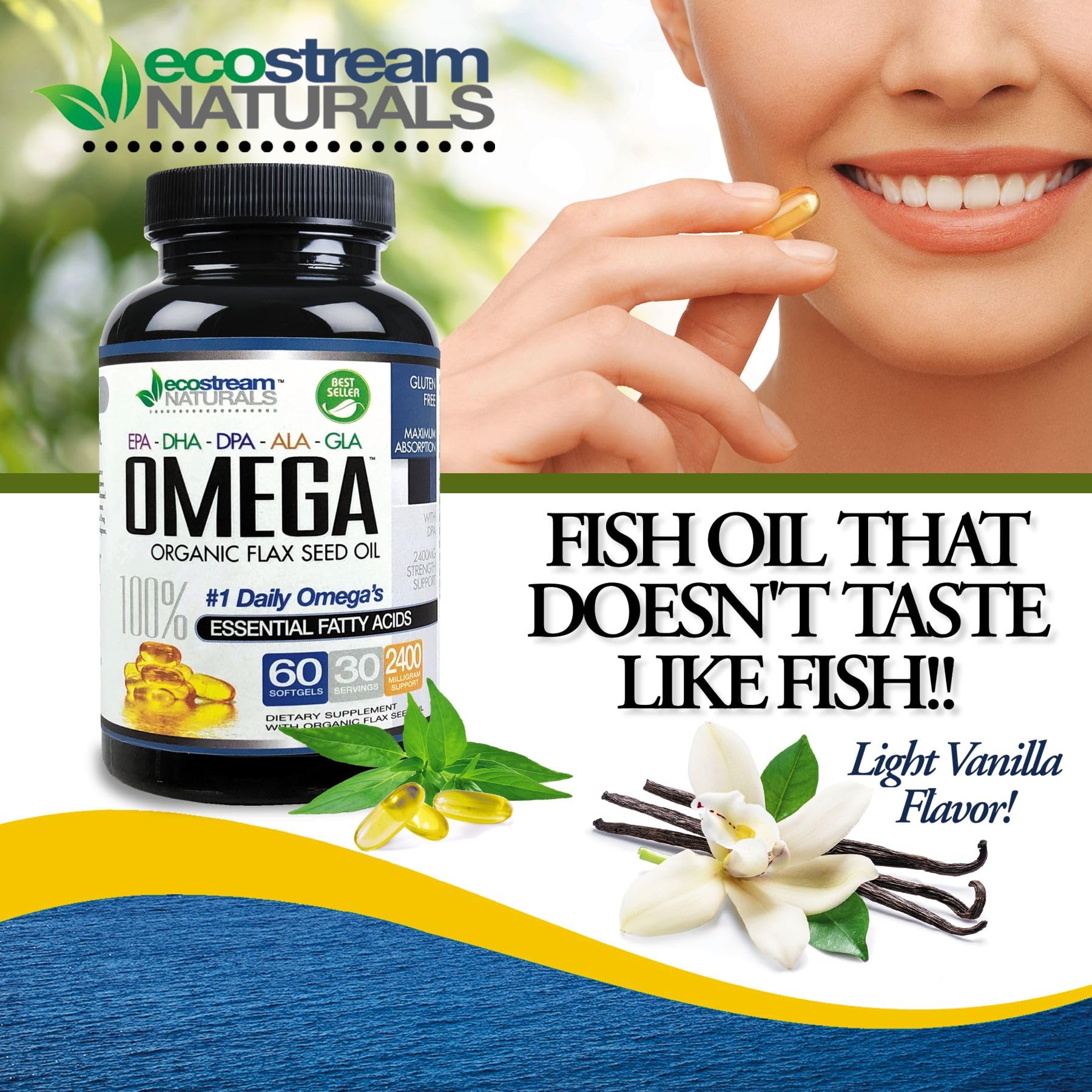ecostream Naturals etiqueta de ingredientes resaltando EPA, DHA, ALA y GLA