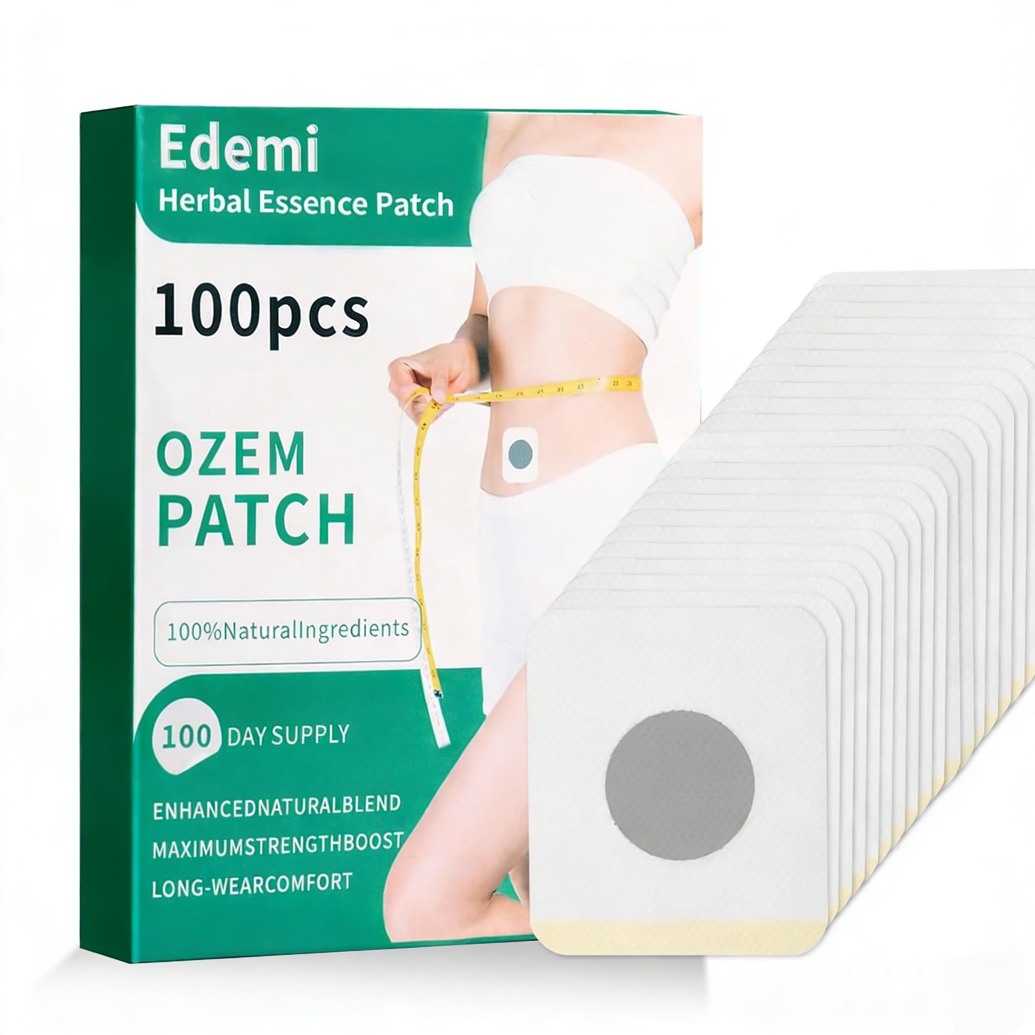 Edemi paquete frontal mostrando 100 parches para cuidado diario, práctico y discreto