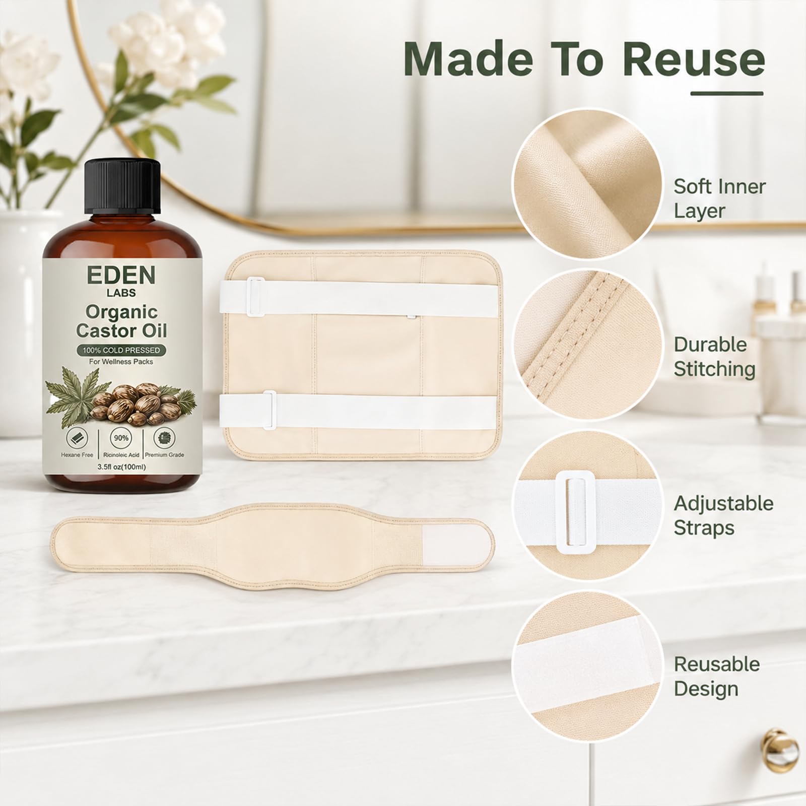 Eden Labs Castor Oil comparación de tamaño frente a manos para escala práctica