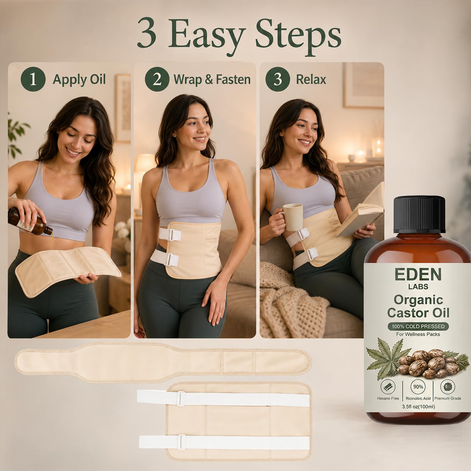 Eden Labs Castor Oil aplicación en abdomen para comodidad nocturna